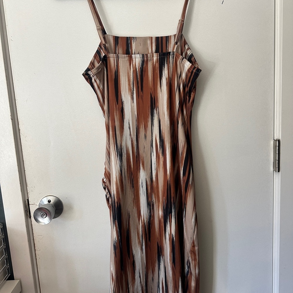 Madden NYC Side Ruched Tie-Detail Satin Slip Dress in Brown Multi - Picture 8 of 9